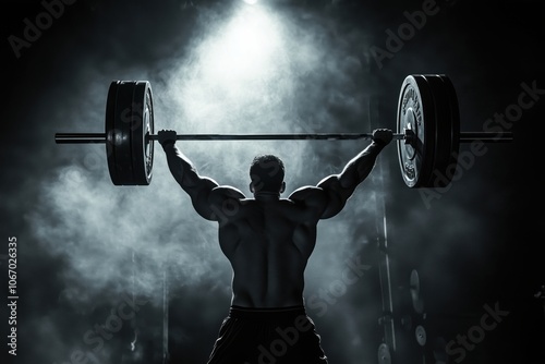Weightlifting silhouette, muscular man lifting barbell, dramatic lighting, gym atmosphere