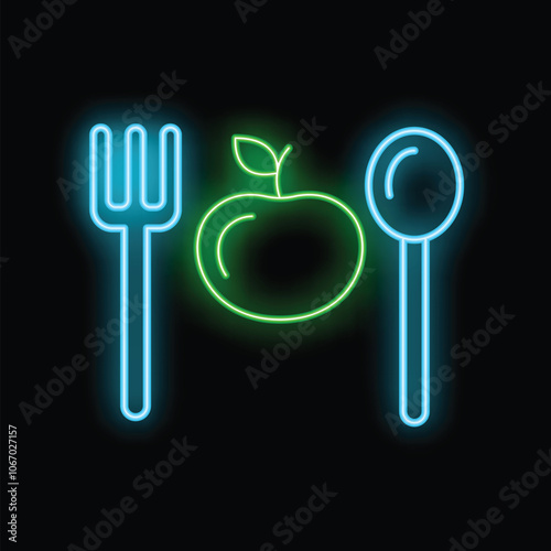 Glowing neon sign depicting apple between fork and spoon on black background