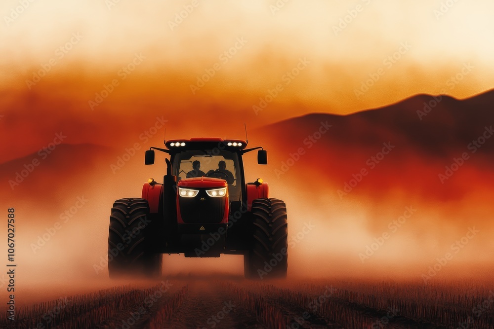 Fototapeta premium Powerful Tractor Drives Through Misty Field at Sunset with Dramatic Mountain Backdrop