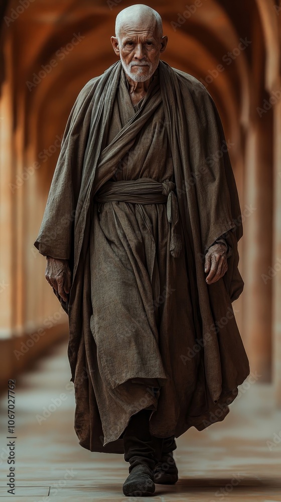 Naklejka premium Elderly monk walks in a monastery.