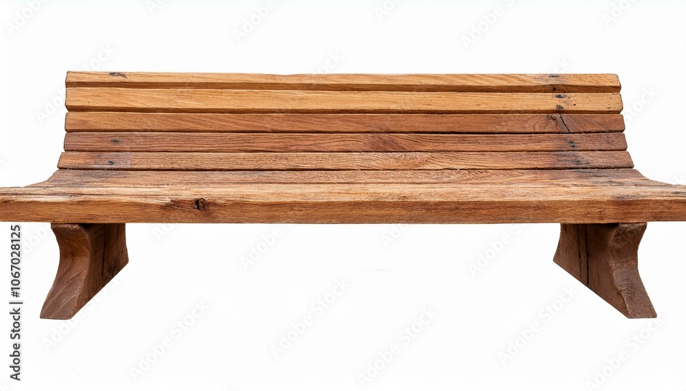 A narrow wooden park bench, the wood grain heavily pronounced and the ends slightly chipped A narrow wooden park bench, the wood grain heavily pronounced and the ends slightly chipped