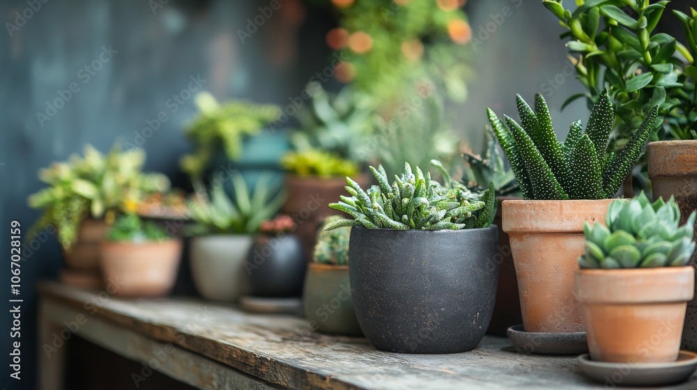 Assorted succulents in rustic pots on wooden table Assorted succulents in rustic pots on wooden table