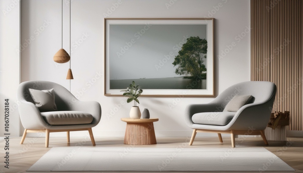 A minimalist lounge chair and sofa in soft, muted tones against a textured concrete wall, wi A minimalist lounge chair and sofa in soft, muted tones against a textured concrete wall, wi