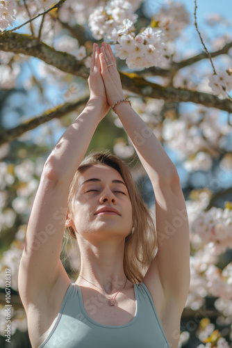 Woman Practicing Yoga Under Blooming Cherry Blossoms in Springtime