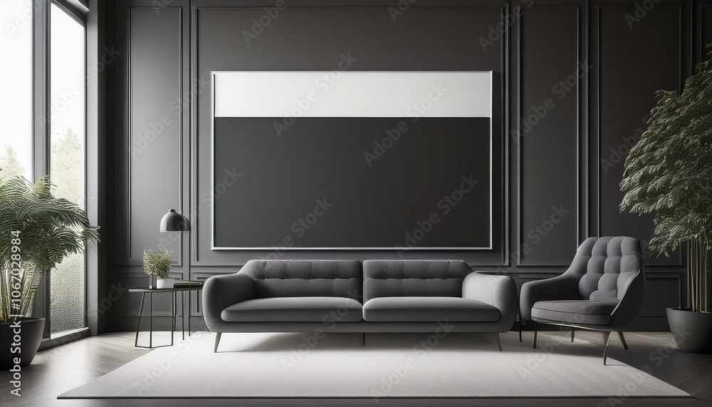 Sleek and simple living room layout with a charcoal lounge chair and sofa against a matte bl Sleek and simple living room layout with a charcoal lounge chair and sofa against a matte bl