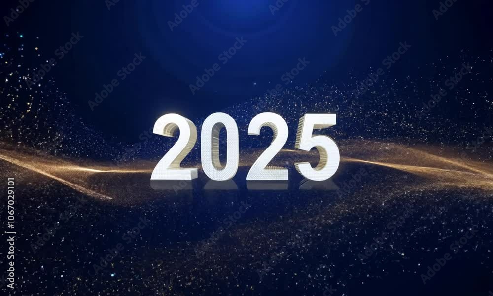 White 2025 on dark blue background with golden sparkles, perfect for New Years Eve party invitations or futuristic technology concept designs. White 2025 on dark blue background with golden sparkles, perfect for New Years Eve party invitations or futuristic technology concept designs.