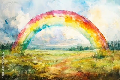 Wallpaper Mural Watercolor Painting of a Rainbow Over a Field Torontodigital.ca