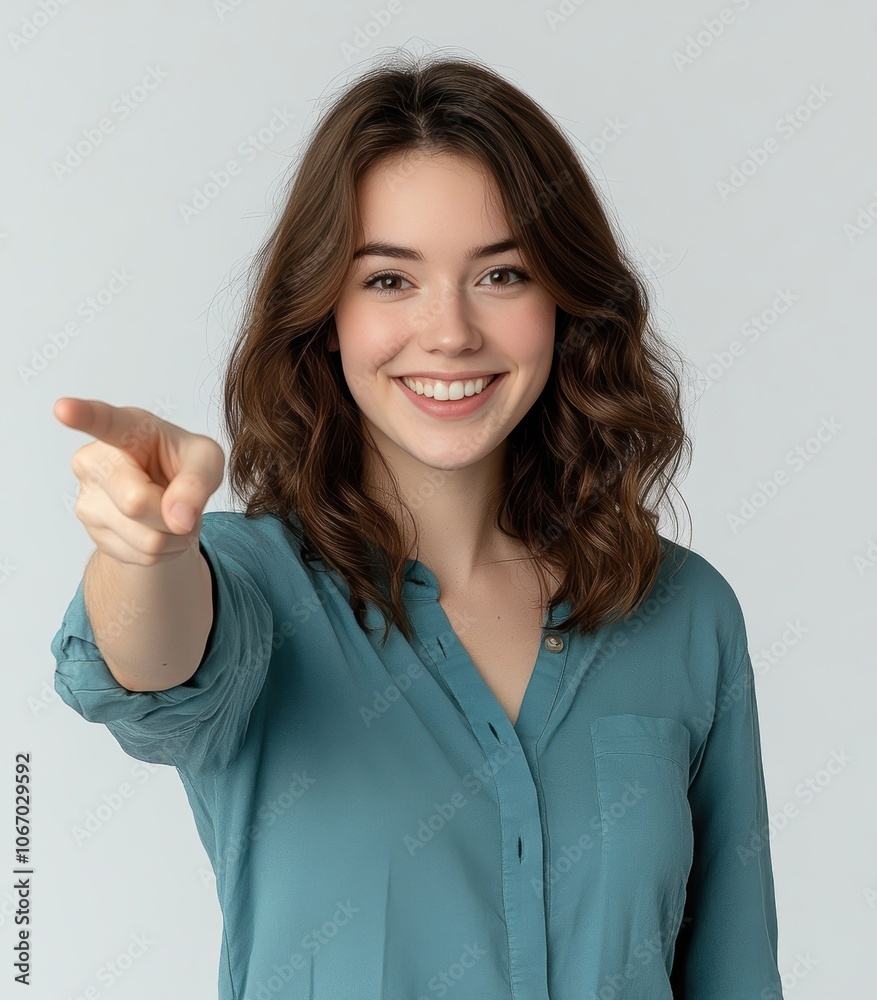 Cheerful young woman smiling and pointing, showcasing positivity and engagement. Cheerful young woman smiling and pointing, showcasing positivity and engagement.