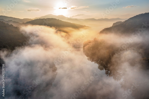 Drone View: Foggy Morning Scenery of Ipgok Reservoir in Haman-gun, Gyeongsangnam-do, Korea