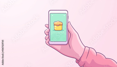 A playful vector illustration of a hand holding a smartphone displaying a cute muffin, perfect for digital art enthusiasts looking for charming designs.
