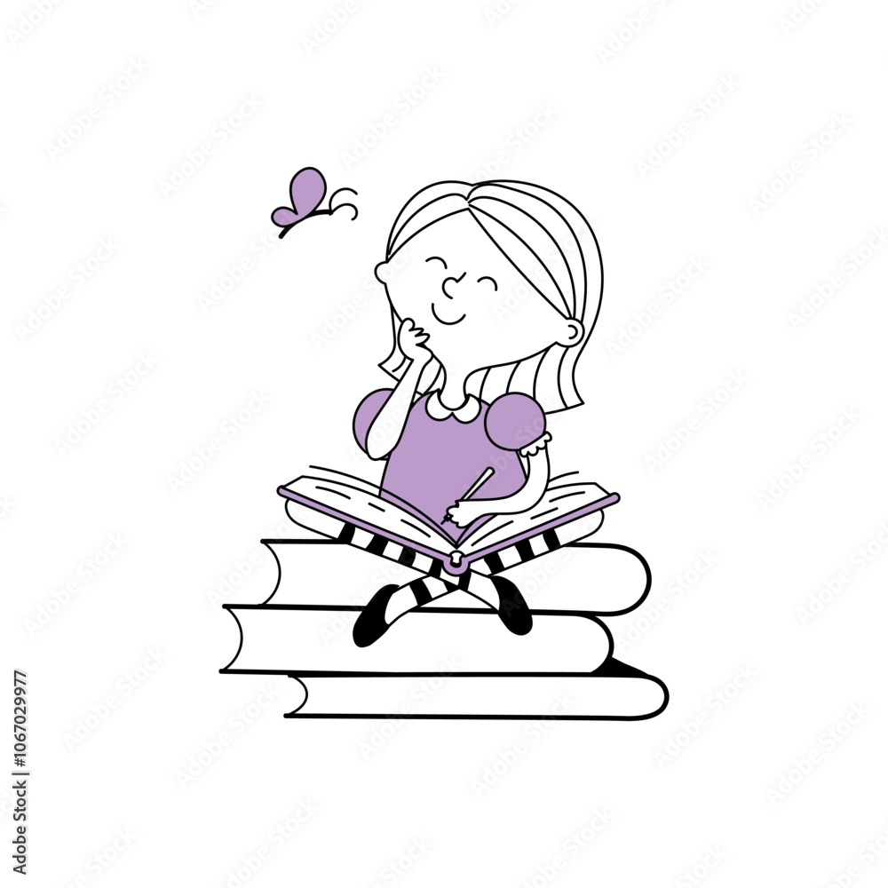 The girl is writing her own story. The girl is happy with books. Black and purple sketch illustration The girl is writing her own story. The girl is happy with books. Black and purple sketch illustration