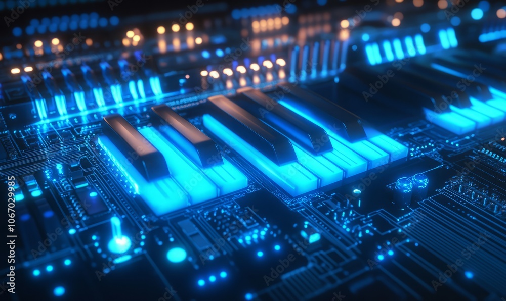 Digital blue keys on a circuit board, futuristic technology concept. Digital blue keys on a circuit board, futuristic technology concept.