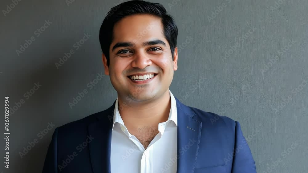 A man smiles in a blue suit, standing in front of a gray wall A man smiles in a blue suit, standing in front of a gray wall