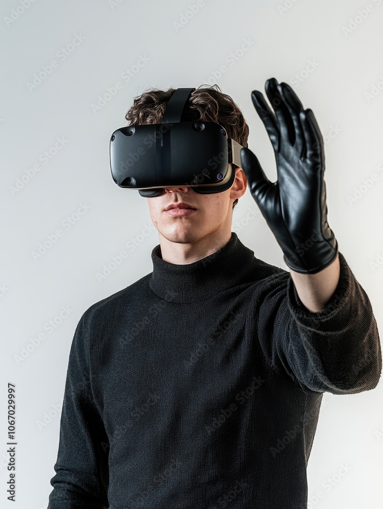 A young man wearing VR goggles and holding a glove, symbolizing advanced virtual reality experiences. A young man wearing VR goggles and holding a glove, symbolizing advanced virtual reality experiences.