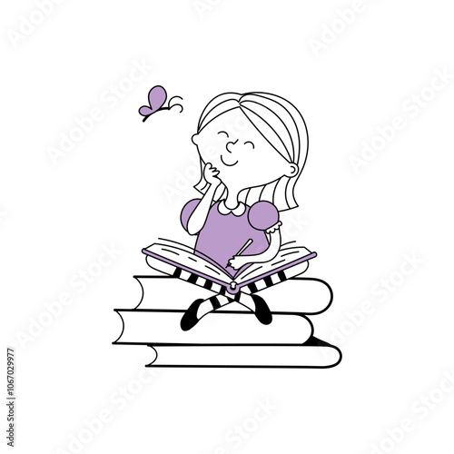 The girl is writing her own story. The girl is happy with books. Black and purple sketch illustration