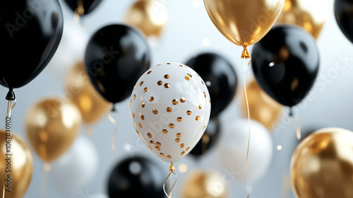 A vector illustration of an order card adorned with golden balloons and scattered confetti.  photo