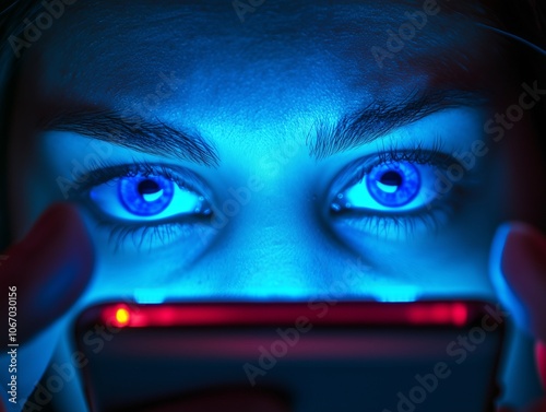 Phone addiction with A close-up shot of hands holding a smartphone, illuminating a person's face with blue light during late night use. The photo captures a moment of technology engagement.