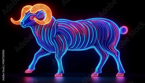 Neon Ram Sign Vibrant Aries Zodiac Illustration on Black, Dynamic and Bold Design Aesthetic photo