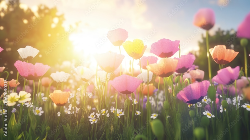 Obraz premium Breathtaking sunrise illuminates a vibrant flower field filled with colorful blooms