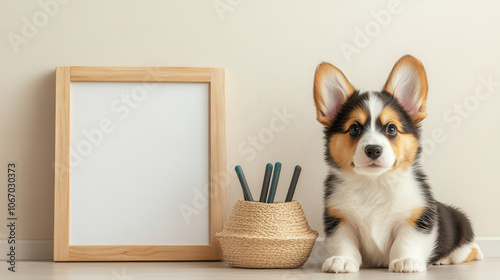 playful puppy sitting beside blank frame and pen holder photo