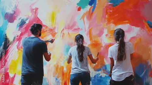 Collaborative Mural Creation by a Team of Artists. Showcasing a team of artists engaged in colorful mural painting, emphasizing creativity, collaboration, and artistic expression in their work.