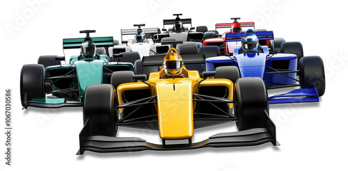 Pack or group  of colorful formula race cars in yellow blue red green and black racing in slipstream isolated white background . Fast dynamic thrilling motorsport background concept