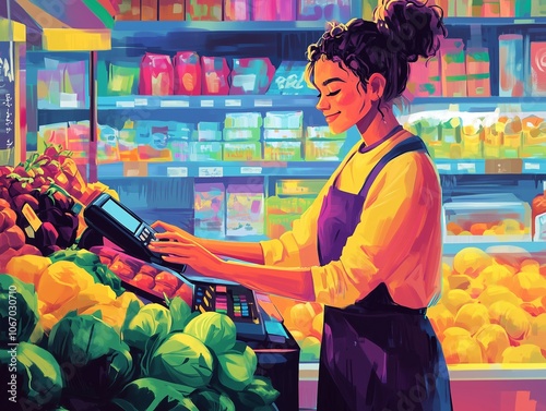 A young adult cashier at a grocery store engages with the checkout machine amidst vibrant displays of fresh produce, embodying a friendly retail atmosphere.