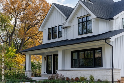 A contemporary two-story home featuring a contrasting black roof and white siding, set amidst mature trees in autumnal season.