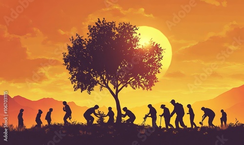 Design a whimsical, animated art style image that shows silhouettes of people planting a tree, representing growth and the establishment of new roots.