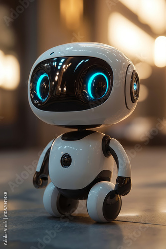 A small white robot with blue eyes standing on the ground