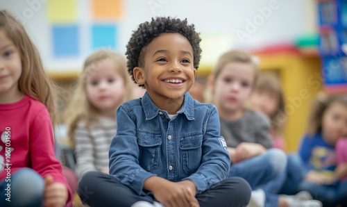 Diverse group of happy, curious and engaged children sitting in a colorful and vibrant classroom environment, learning and interacting