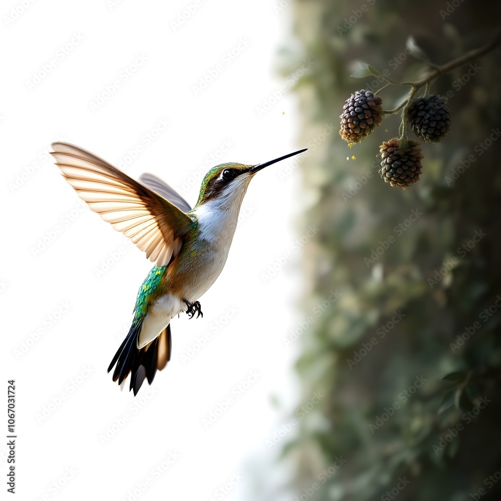 Fototapeta premium Beautiful Hummingbird Hovering Near Berries in Nature Setting