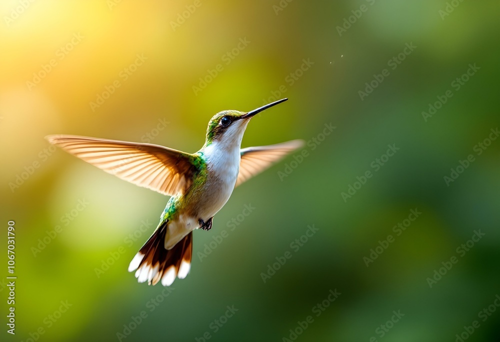 Fototapeta premium Graceful Hummingbird Hovering in Sunlit Garden Atmosphere Wallpaper