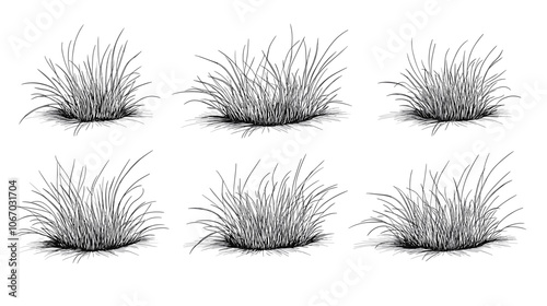 Set of vector grass illustrations on a white background. Architectural Drawings, Minimal style cad turf drawing, Side view, set of graphics meadows elements outline symbol for lawn landscape design