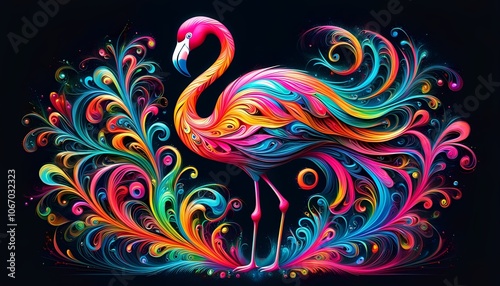 This mesmerizing artwork showcases a flamingo adorned with a vibrant array of colors, surrounded by intricate swirls and patterns.