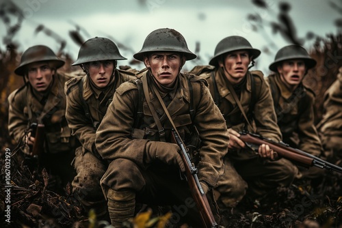 Soldiers in battle-ready stance, intense expressions, World War I uniforms, rifles