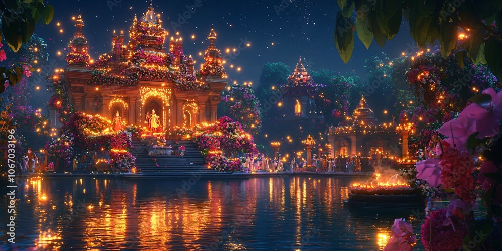 Fototapeta premium Illuminated Temple at Night with Reflections in Water