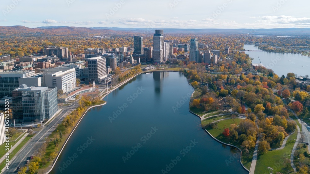 Naklejka premium Golden sunset reflecting on tranquil lake with silhouetted trees.