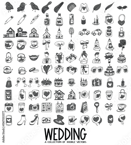 Wedding Related Doodle vector icon set. Drawing sketch illustration hand drawn line eps10