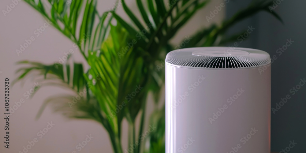 A modern air purifier stands elegantly beside a lush green plant, highlighting a blend of technology and nature in a serene indoor setting. A modern air purifier stands elegantly beside a lush green plant, highlighting a blend of technology and nature in a serene indoor setting.