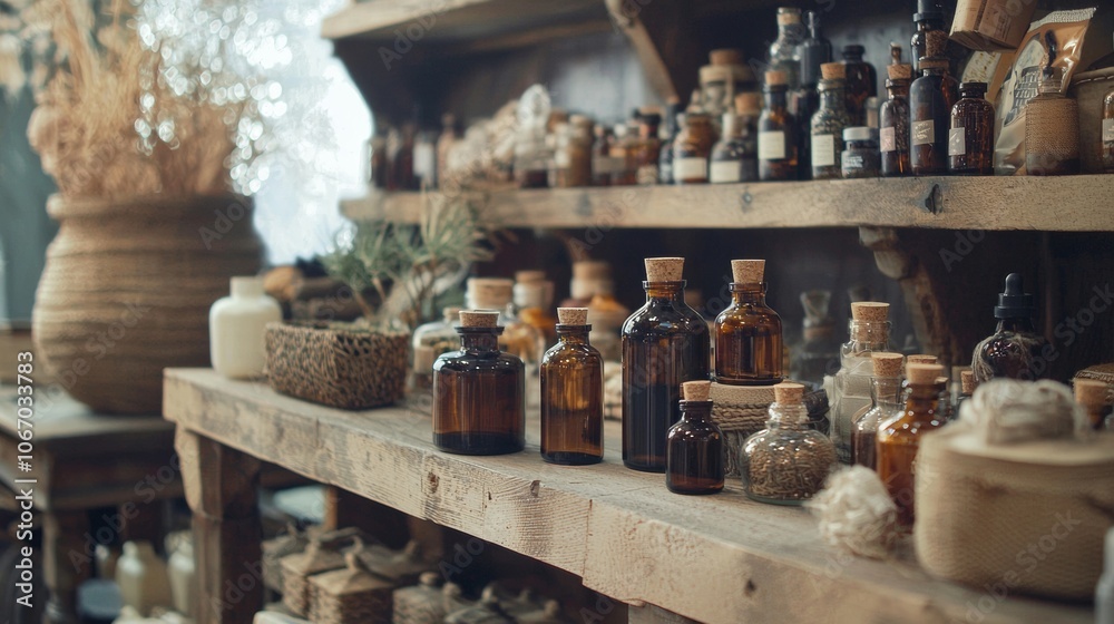 Fototapeta premium Vintage apothecary bottles arranged on rustic wooden shelves