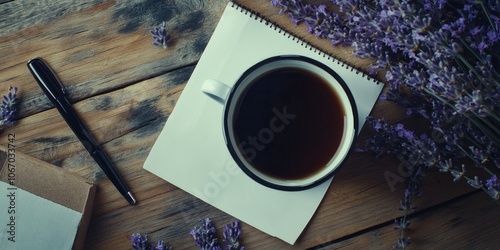 A cup of coffee next to a pen and notebook on a wooden table, accompanied by purple flowers. This image suggests productivity and creativity in an everyday setting. photo