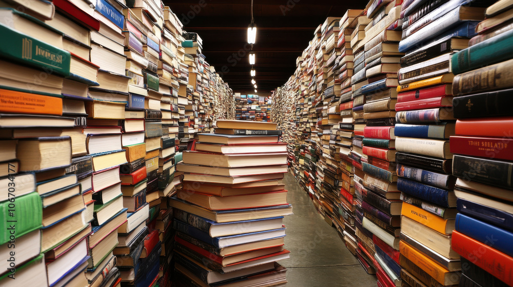 Obraz premium Cozy bookstore with stacked books creating warm atmosphere