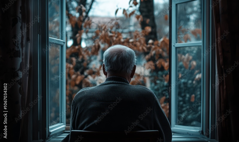 Elderly gentleman gazing through the nursing home window battling with feelings of isolation Elderly gentleman gazing through the nursing home window battling with feelings of isolation