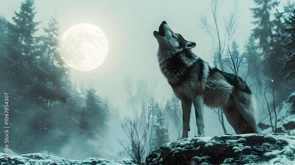 Majestic Wolf Howling at the Glowing Full Moon in a Snowy Forest Landscape Majestic Wolf Howling at the Glowing Full Moon in a Snowy Forest Landscape