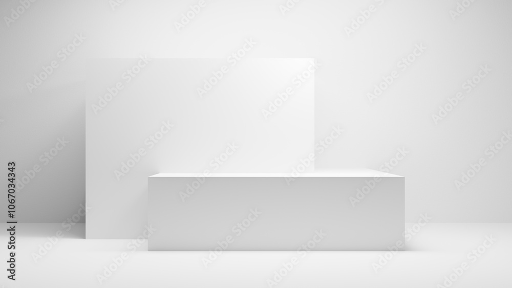 White table background. White empty Table platform cube with spotlight in white empty studio room. White display wall platform presentation, - white geometrical forms cube place mock up for products White table background. White empty Table platform cube with spotlight in white empty studio room. White display wall platform presentation, - white geometrical forms cube place mock up for products