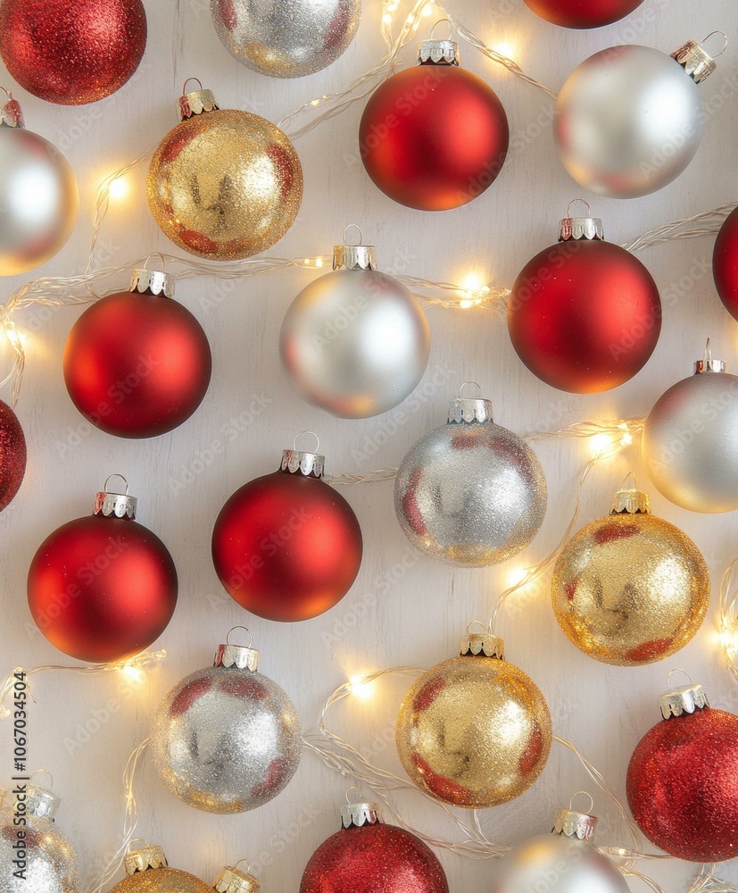 Festive Christmas ornaments in red, gold, and green on white background. Festive Christmas ornaments in red, gold, and green on white background.