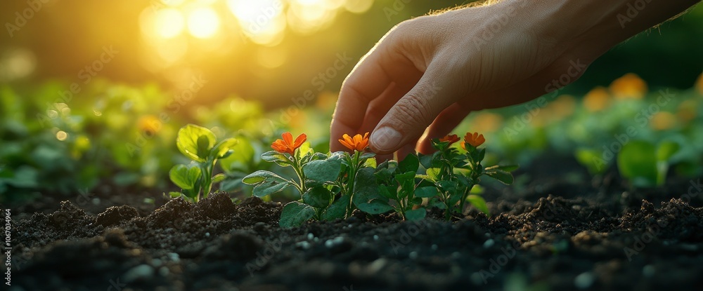 Fototapeta premium Hand Gently Tending to Small Orange Flowers in a Garden