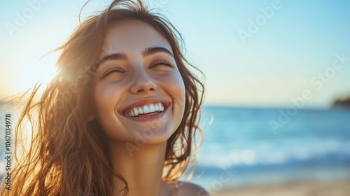 Happy beautiful young woman smiling at the beach side - Delightful girl enjoying sunny day out - Healthy lifestyle concept with female laughing