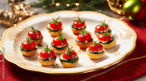 Holiday canapés on gold-rimmed plate